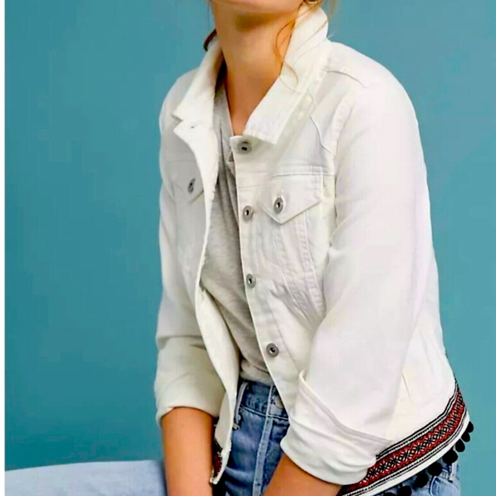 Anthropologie Pilcro Tasseled Denim Jacket Size. S white Trucker Boho